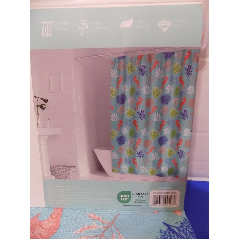 NEW Fabric Sea Horses Fish Shower Curtain Florida Home By: Coastal Luxe